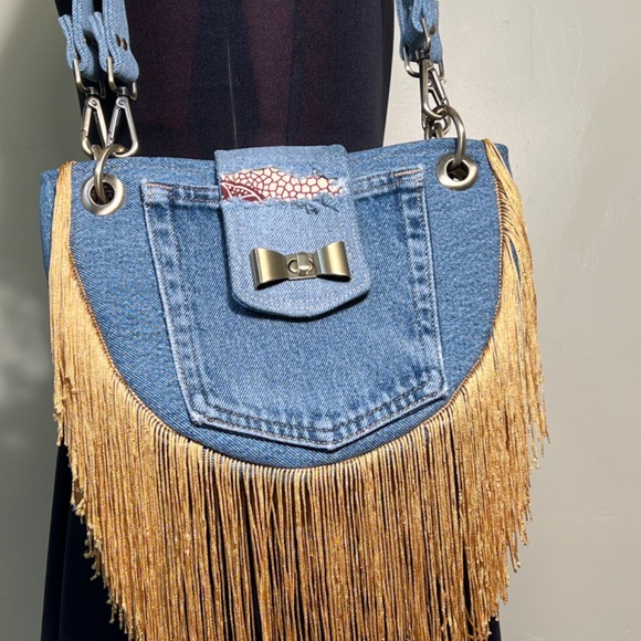 NEW LuLu Jessie Fringed Faded Denim Half Moon Repurposed Shoulder Bag - Picture 1 of 5